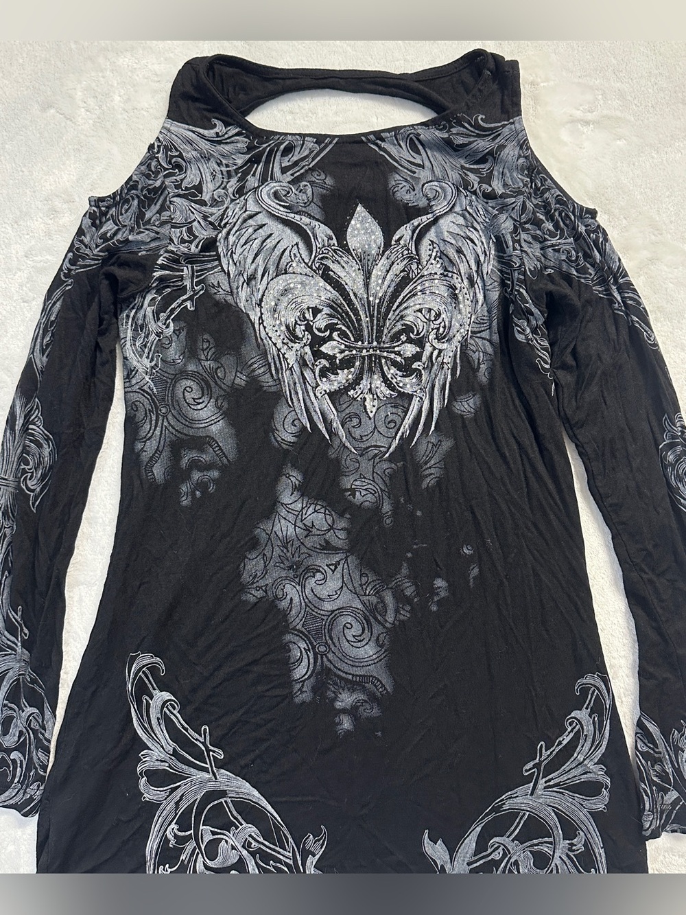 Y2K CANDY COUTURE women's black silver punk fleur de lis off shoulder top, S-M - Picture 5 of 5